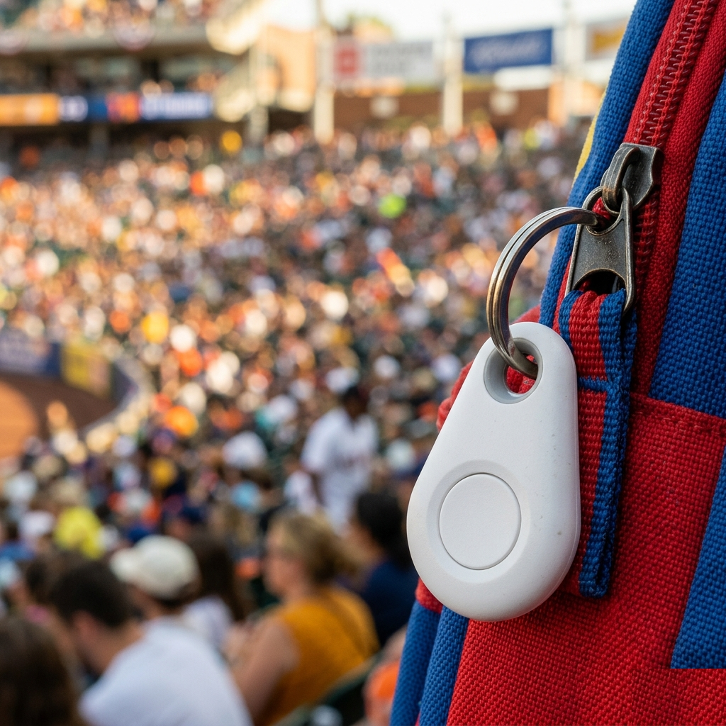 Clipped on a kid's backpack in a stadium